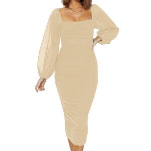 Women's Elegant Ruched Bodycon Dresses Square Neck Backless Fall Wedding Guest M